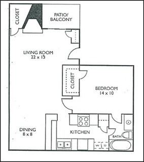 Floor plan for 1 bed, 1 bath, 826 sqft